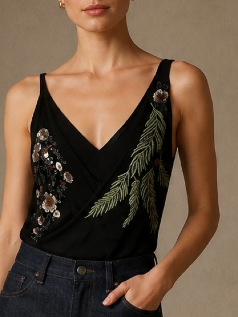 Zara Black Floral & Fauna Embellished Beading Women's Bodysuit Cocktail Casual